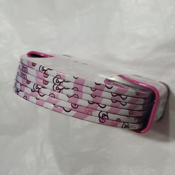Hello Kitty pink white hello kitty monogrammed logo 6pc tin coaster set & holder - Picture 3 of 10